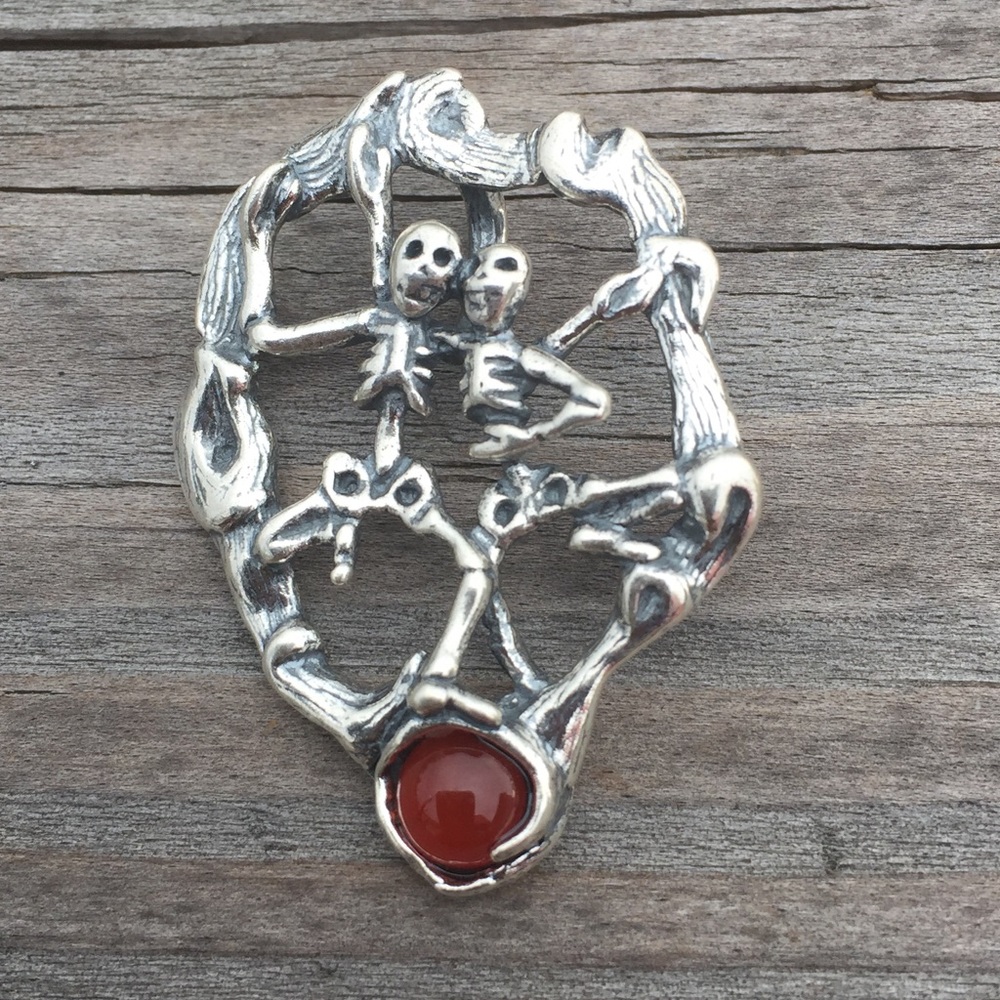 Tantric Dance Skeleton Pendant .925 Sterling Silver w/ genuine Carnelian gem USA